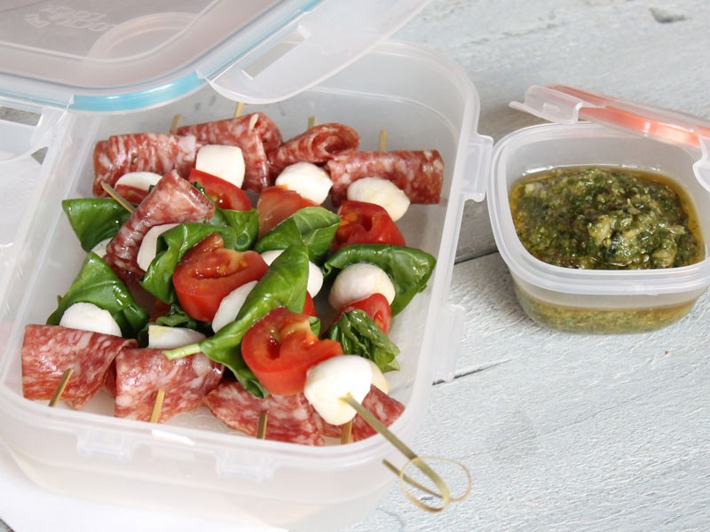 Salami, cherry tomatoes, mini Bocconcini, fresh basil and pesto skewers